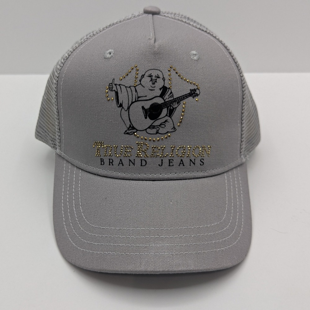 True Religion Crystal HS Trucker Hat Granite Gray Buddha Logo Studded TR4220 OS